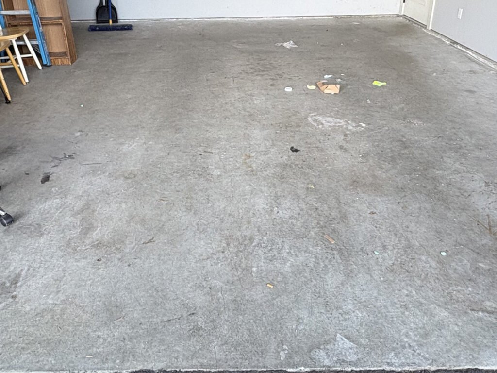 Garage floor before prep or coatings including epoxy