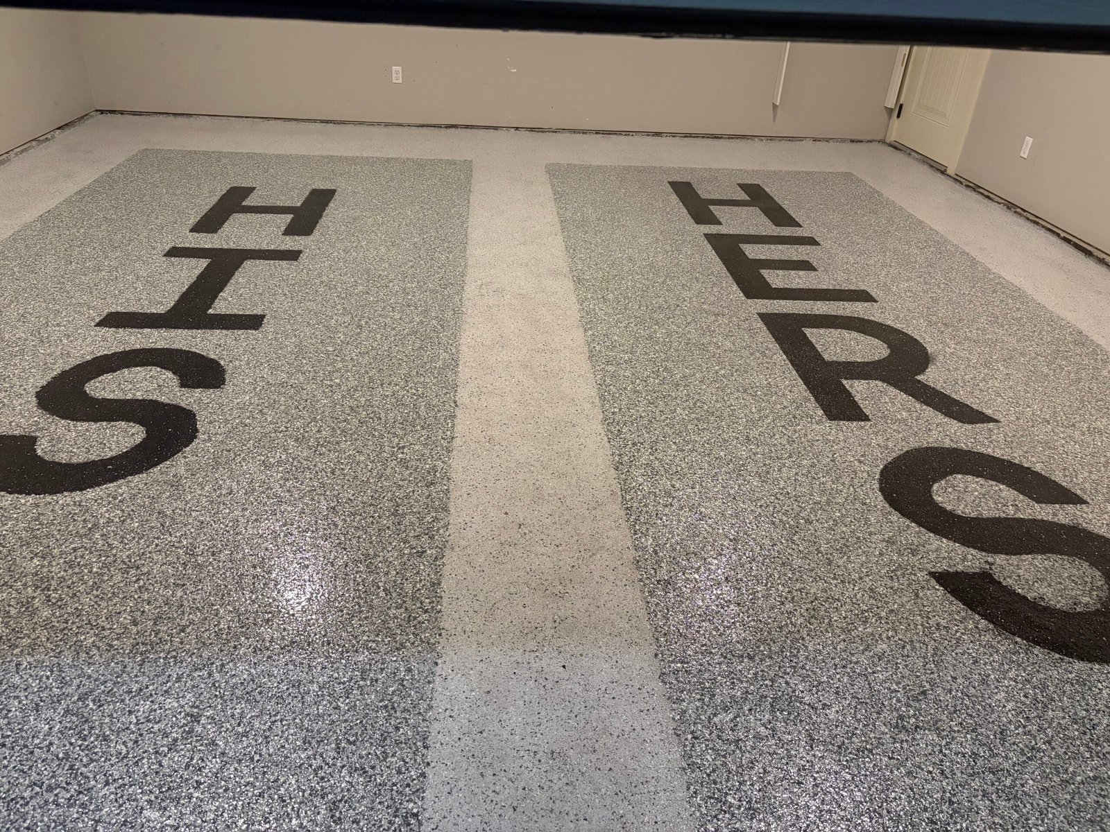 Garage floor after epoxy, his & hers, multiple flake, custom